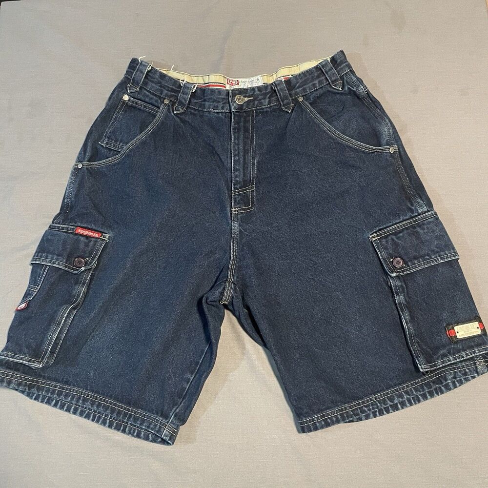 VTG Ecko Unltd Jean Shorts Mens 34 Blue Fade Carpenter Baggy Wide-Leg Skater Y2K